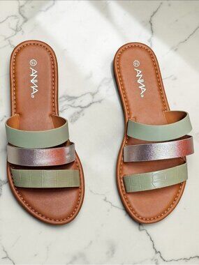 Womens Triple Strap Slide Sandals With Metallic & Green Color
